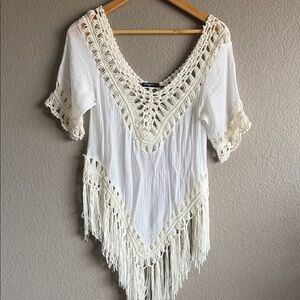 Boho Crochet-Trim Fringe White Women's Blouse